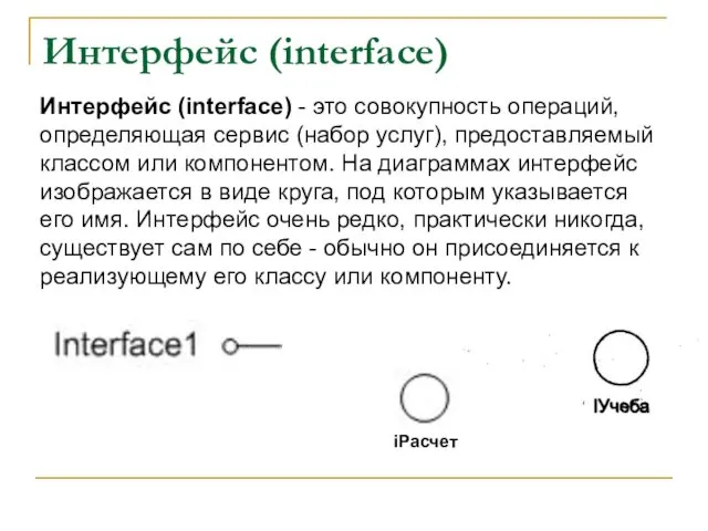 Интерфейс (interface) Интерфейс (interface) - это совокупность операций, определяющая сервис (набор