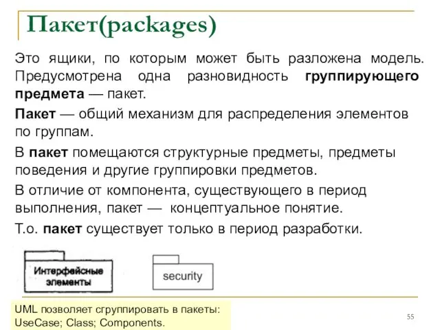 Пакет(packages) Это ящики, по которым может быть разложена модель. Предусмотрена одна