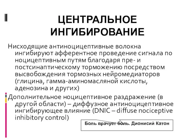 ЦЕНТРАЛЬНОЕ ИНГИБИРОВАНИЕ Нисходящие антиноцицептивные волокна ингибируют афферентное проведение сигнала по ноцицептивным