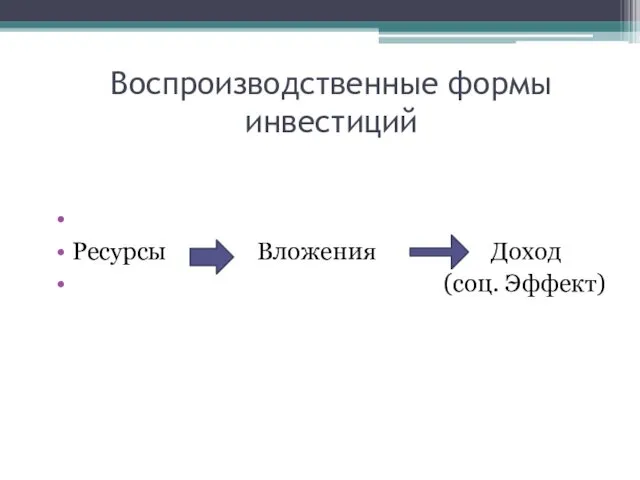 Воспроизводственные формы инвестиций Ресурсы Вложения Доход (соц. Эффект)