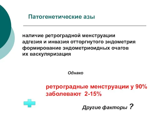 Патогенетические азы наличие ретроградной менструации адгезия и инвазия отторгнутого эндометрия формирование