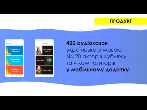 ПРОДУКТ 420 аудіоказок українською мовою від 20 акторів дубляжу та 4 композиторів у мобільному додатку.