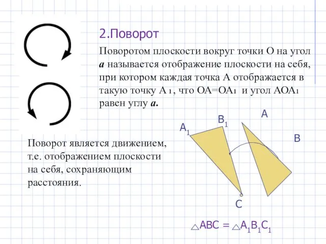 2.Поворот A B C B1 A1 АВС = А1В1С1 Поворот является