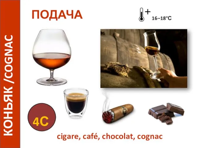 КОНЬЯК /COGNAC 4С ПОДАЧА 16–18°С cigare, café, chocolat, cognac