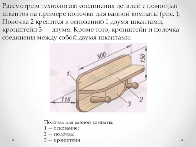 Рассмотрим технологию соединения деталей с помощью шкантов на примере полочки для