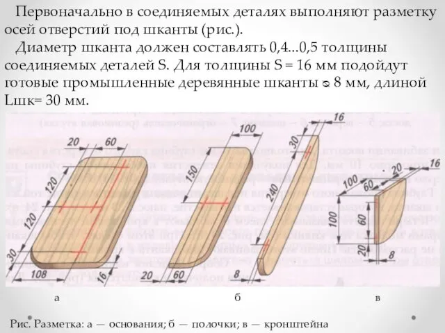 Первоначально в соединяемых деталях выполняют разметку осей отверстий под шканты (рис.).