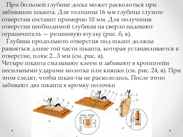 При большей глубине доска может расколоться при забивании шканта. Для толщины