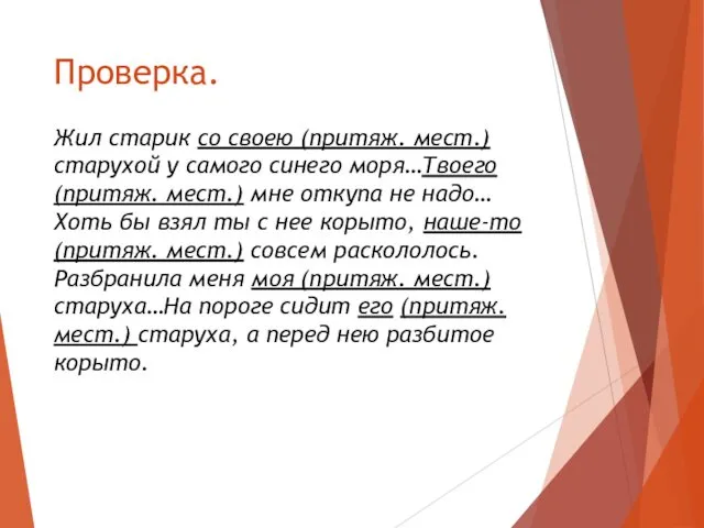 Проверка. Жил старик со своею (притяж. мест.) старухой у самого синего