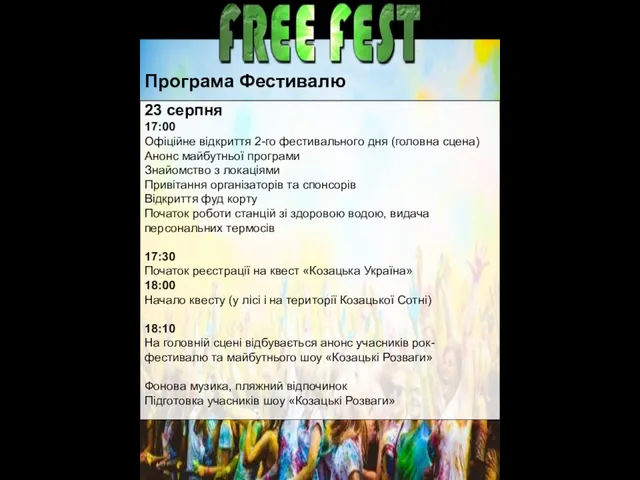 Програма Фестивалю 23 серпня 17:00 Офіційне відкриття 2-го фестивального дня (головна