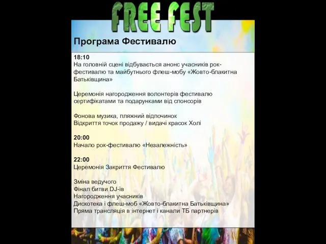 Програма Фестивалю 18:10 На головній сцені відбувається анонс учасників рок- фестивалю