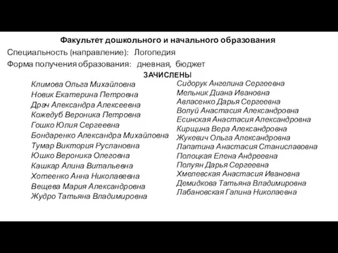 Факультет дошкольного и начального образования Специальность (направление): Логопедия Форма получения образования: