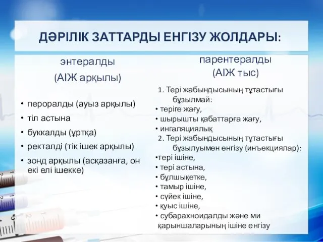 ДӘРІЛІК ЗАТТАРДЫ ЕНГІЗУ ЖОЛДАРЫ: энтералды (АІЖ арқылы) парентералды (АІЖ тыс) пероралды