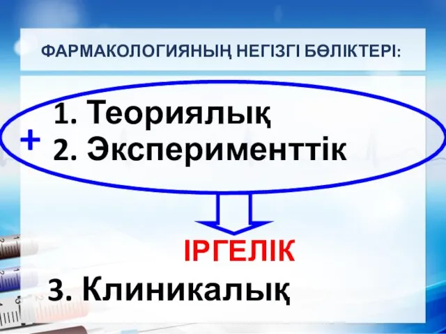 ФАРМАКОЛОГИЯНЫҢ НЕГІЗГІ БӨЛІКТЕРІ: 3. Клиникалық 1. Теориялық 2. Эксперименттік ІРГЕЛІК +