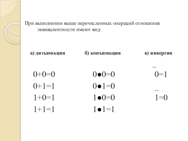 При выполнении выше перечисленных операций отношения эквивалентности имеют вид: а) дизъюнкция