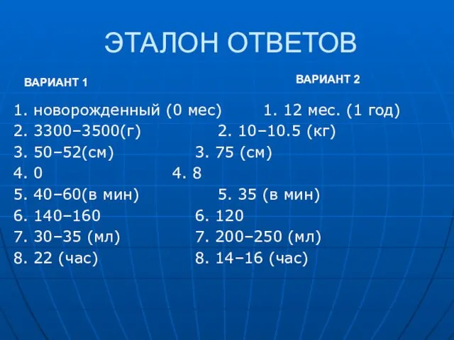 ЭТАЛОН ОТВЕТОВ 1. новорожденный (0 мес) 1. 12 мес. (1 год)