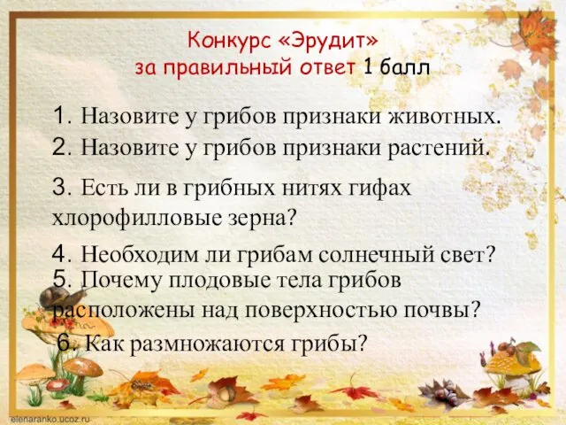 Конкурс «Эрудит» за правильный ответ 1 балл 1. Назовите у грибов