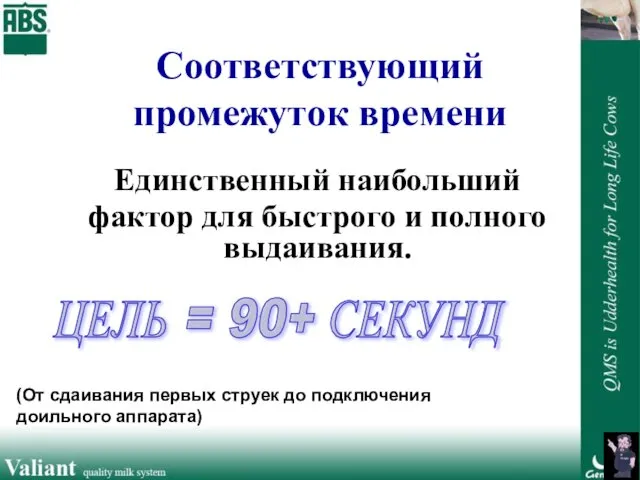 Соответствующий промежуток времени Единственный наибольший фактор для быстрого и полного выдаивания.