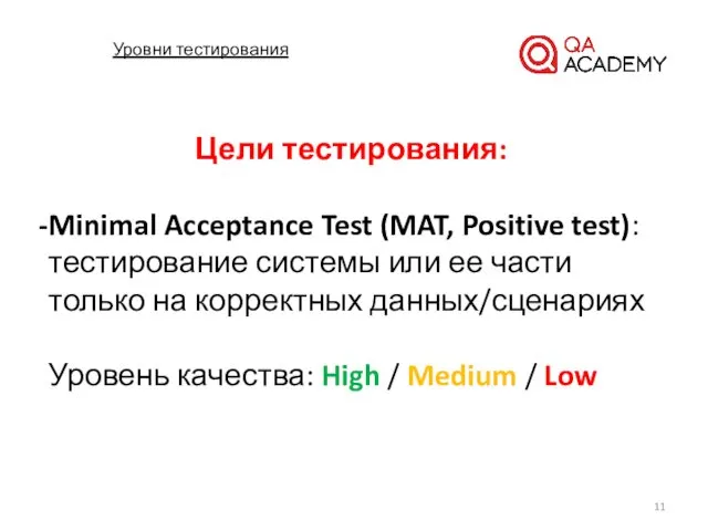 Уровни тестирования Цели тестирования: Minimal Acceptance Test (MAT, Positive test): тестирование