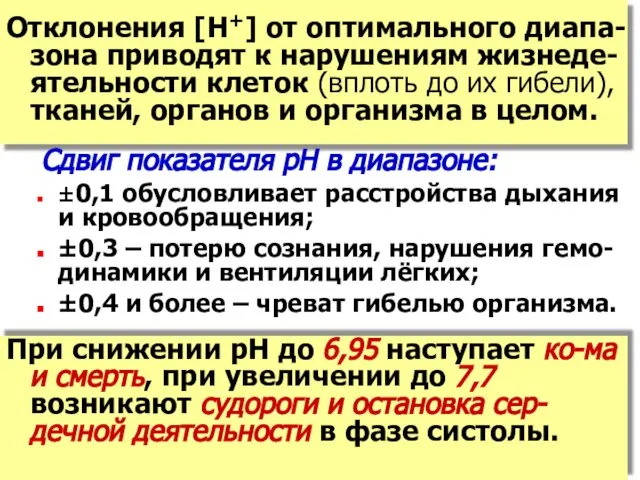 Отклонения [Н+] от оптимального диапа-зона приводят к нарушениям жизнеде-ятельности клеток (вплоть