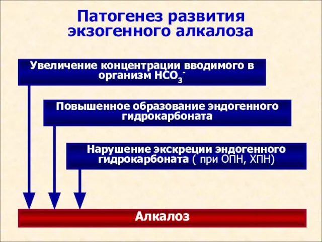 Патогенез развития экзогенного алкалоза Увеличение концентрации вводимого в организм НСО3- Нарушение