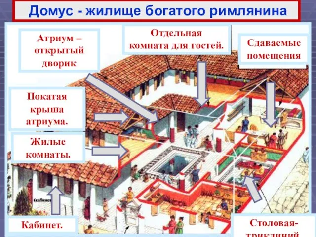 Домус - жилище богатого римлянина Кабинет. Жилые комнаты. Покатая крыша атриума.