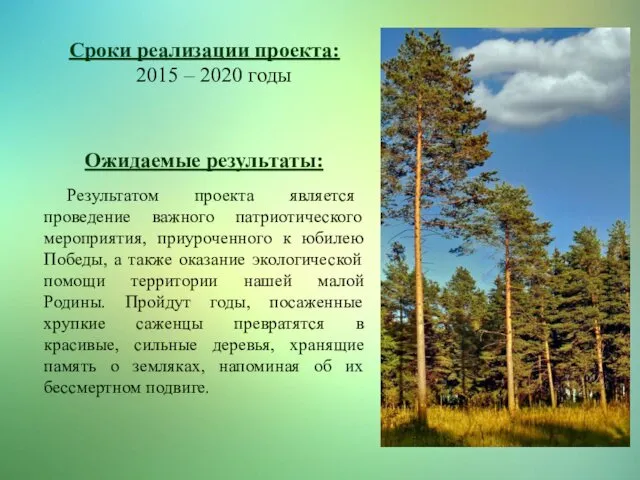 Ожидаемые результаты: Результатом проекта является проведение важного патриотического мероприятия, приуроченного к