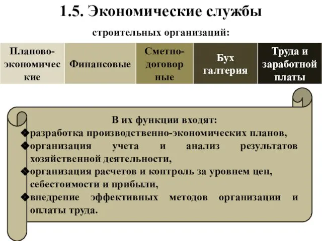 1.5. Экономические службы строительных организаций: В их функции входят: разработка производственно-экономических