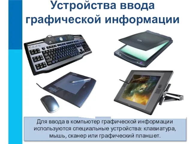 Устройства ввода графической информации Для ввода в компьютер графической информации используются