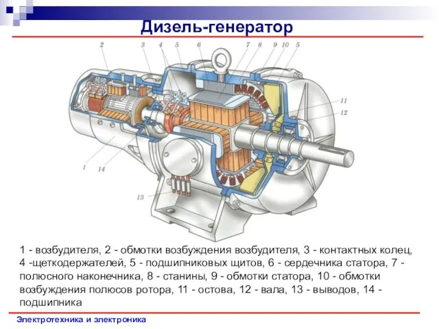 Электротехника и электроника Дизель-генератор 1 - возбудителя, 2 - обмотки возбуждения