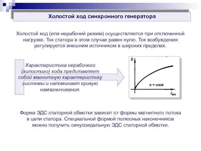 Холостой ход синхронного генератора Холостой ход (или нерабочий режим) осуществляется при