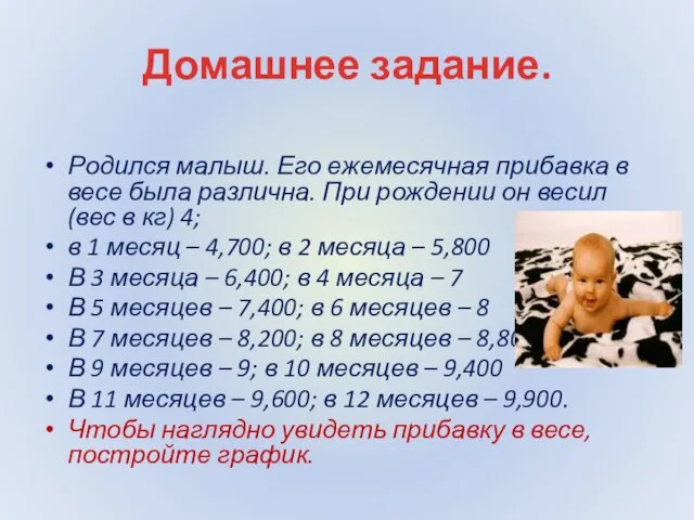 Домашнее задание. Родился малыш. Его ежемесячная прибавка в весе была различна.