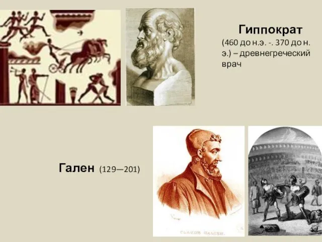 Гален (129—201) Гиппократ (460 до н.э. -. 370 до н.э.) – древнегреческий врач