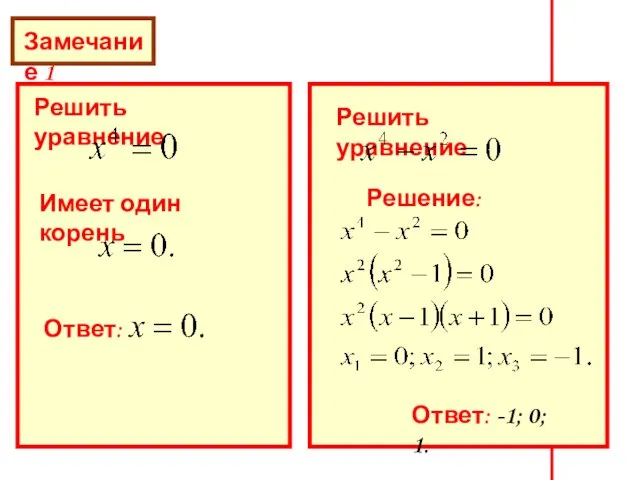 Замечание 1 Решить уравнение Имеет один корень Ответ: Решить уравнение Решение: Ответ: -1; 0; 1.