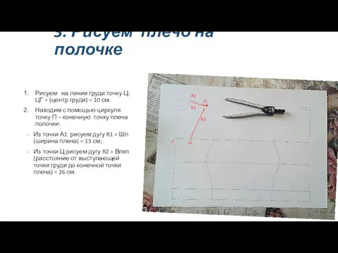 3. Рисуем плечо на полочке Рисуем на линии груди точку Ц: