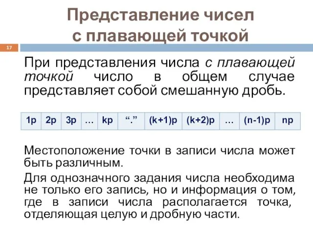 Представление чисел с плавающей точкой При представления числа с плавающей точкой