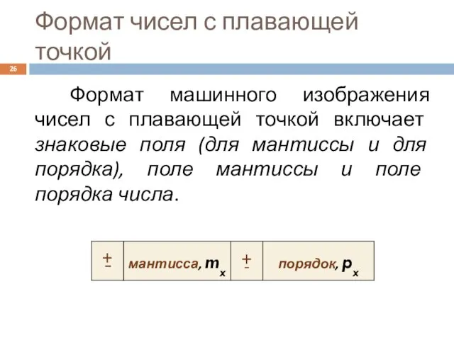 Формат чисел с плавающей точкой Формат машинного изображения чисел с плавающей