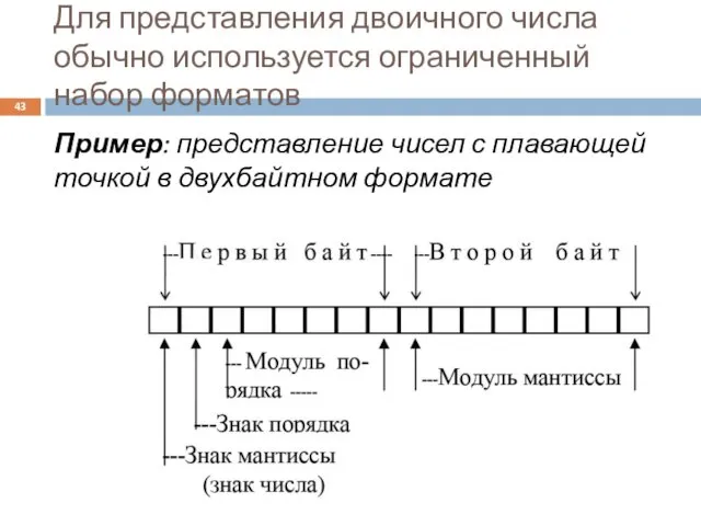 Для представления двоичного числа обычно используется ограниченный набор форматов Пример: представление