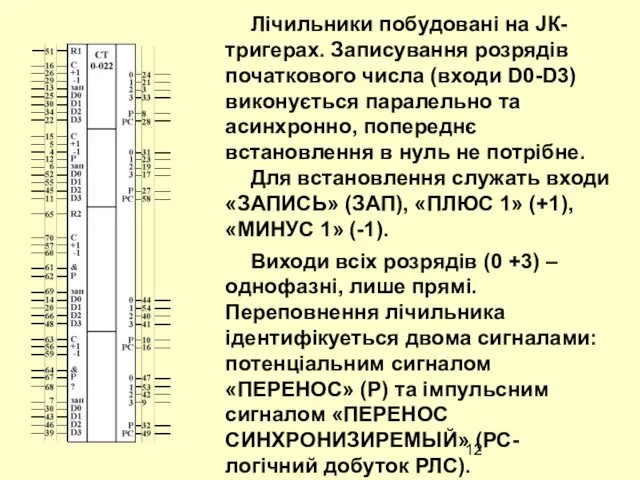 Лічильники побудовані на JК-тригерах. Записування розрядів початкового числа (входи D0-D3) виконується