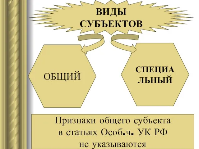 ВИДЫ СУБЪЕКТОВ ОБЩИЙ СПЕЦИА ЛЬНЫЙ Признаки общего субъекта в статьях Особ.ч. УК РФ не указываются