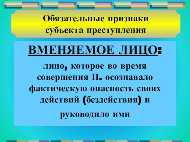 ВМЕНЯЕМОЕ ЛИЦО: лицо, которое во время совершения П. осознавало фактическую опасность