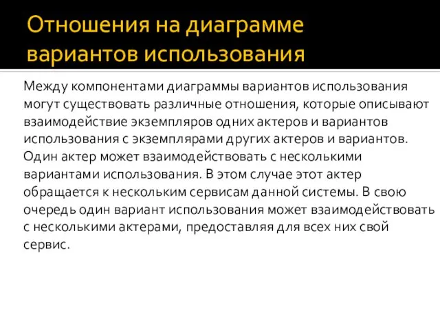 Отношения на диаграмме вариантов использования Между компонентами диаграммы вариантов использования могут