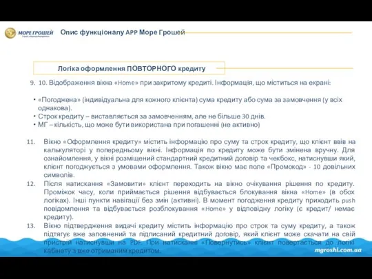 Опис функціоналу APP Море Грошей Логіка оформлення ПОВТОРНОГО кредиту 10. Відображення