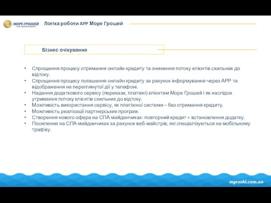 Логіка роботи APP Море Грошей Бізнес очікування Спрощення процесу отримання онлайн