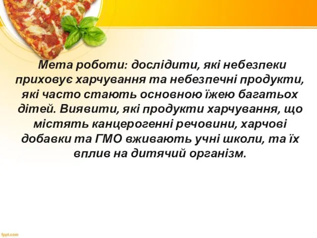 Мета роботи: дослідити, які небезпеки приховує харчування та небезпечні продукти, які