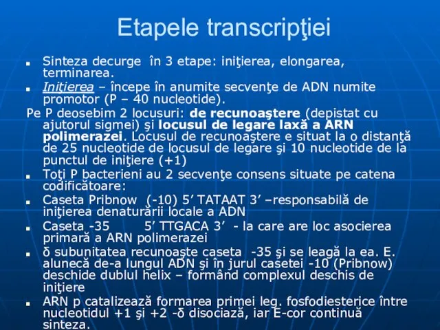 Etapele transcripţiei Sinteza decurge în 3 etape: iniţierea, elongarea, terminarea. Iniţierea