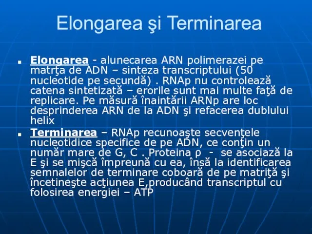 Elongarea şi Terminarea Elongarea - alunecarea ARN polimerazei pe matrţa de