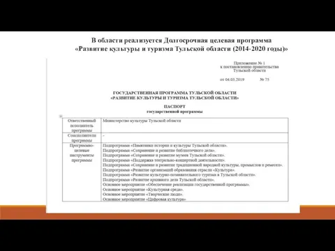 В области реализуется Долгосрочная целевая программа «Развитие культуры и туризма Тульской области (2014-2020 годы)»