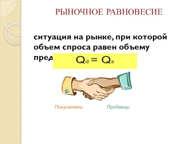 РЫНОЧНОЕ РАВНОВЕСИЕ ситуация на рынке, при которой объем спроса равен объему предложения. Покупатели Продавцы