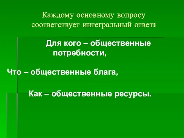 Каждому основному вопросу соответствует интегральный ответ: Для кого – общественные потребности,