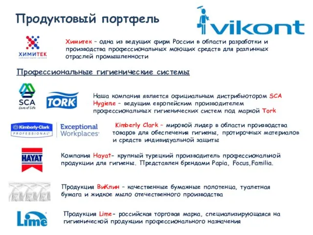 Продуктовый портфель Профессиональные гигиенические системы Наша компания является официальным дистрибьютором SCA